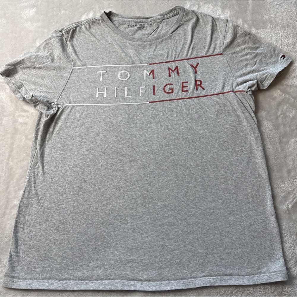 Tommy Hilfiger Womens Size M Cap Sleeve Spellout Gray Tshirt